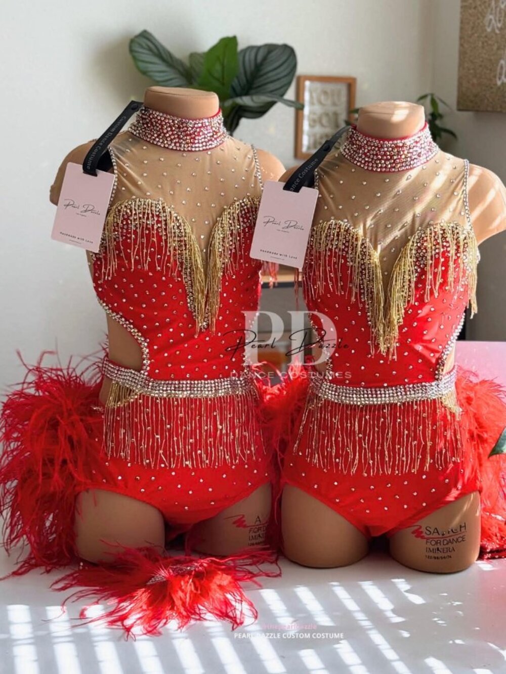 RED Custom Pearl Dazzle JazzMusical Dance Competition Costume Sparkle & Feathers